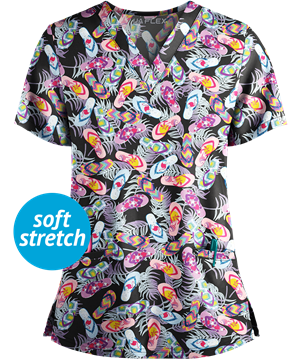 UA Flex2 Flip Flops Women's 2-Pocket V-Neck Print Scrub Top