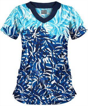 Butter-Soft Abstract Floral Turquoise Women's 4-Pocket Scallop Neck Print Scrub Top