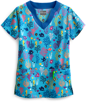 Butter-Soft Keep Swimming Turquoise Women's 4-Pocket Scallop Neck Print Scrub Top