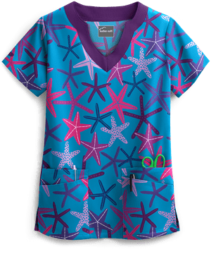 Butter-Soft Lucky Star Riviera Blue Women's 4-Pocket Scallop Neck Print Scrub Top