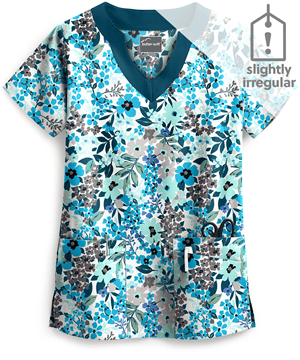 Butter-Soft Blooming Flowers White Printed Women's Scallop Neck Scrub Top **Slightly IRREGULAR**