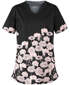 Butter-Soft Mer De Fleurs Black Printed Women's 2-Pocket Scallop Neck Scrub Top