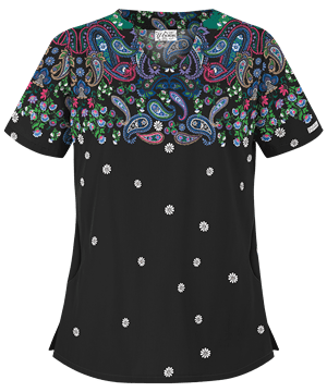 UA Best Buy Scrubs Dreamy Paisley Black Printed Women's 2-Pocket Scallop Neck Top