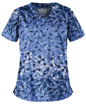 Butter-Soft Garden Butterflies Royal Women's 2-Pocket Scallop Neck Print Scrub Top