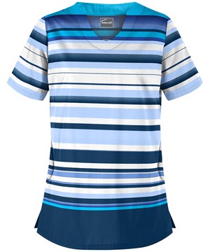 Butter-Soft Lovely Stripes Cloud Blue Women's 4-Pocket Scallop Neck Print Scrub Top