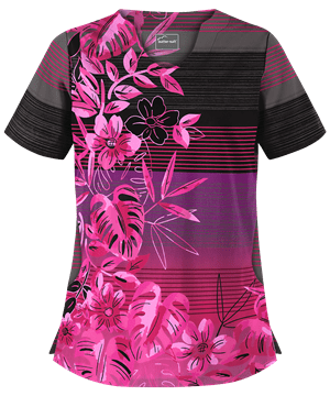 Butter-Soft Island Stroll Raspberry Rose Women's 2-Pocket Scallop Neck Print Scrub Top