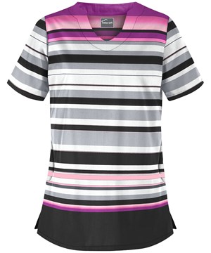 Butter-Soft Lovely Stripes Silver Women's 2-Pocket Scallop Neck Print Scrub Top