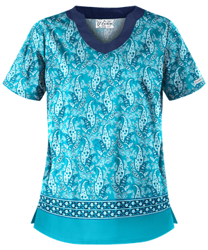 UA Best Buy Scrubs Floating Paisley Turquoise Women's 2-Pocket Scallop Neck Print Top