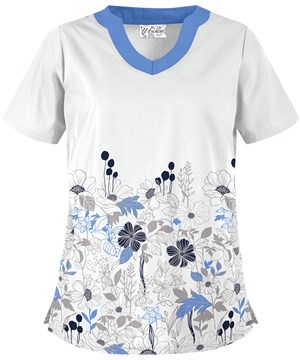 Butter-Soft Floral Field White Printed Women's 2-Pocket Scallop Neck Scrub Top