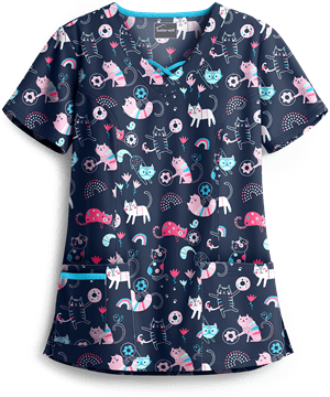 Butter-Soft Cheerful Kittens Navy Women's 3-Pocket Criss Cross Print Scrub Top