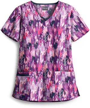 Butter-Soft Festive Ikat Eggplant Women's 3-Pocket Criss Cross Print Scrub Top