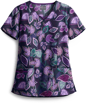 Butter-Soft Filigree Leaves Navy Women's 3-Pocket Criss Cross Print Scrub Top