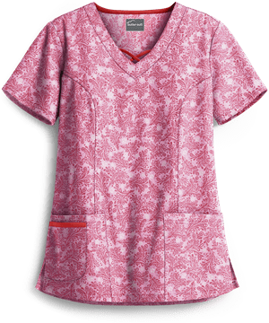 Butter-Soft Tonal Damask Ballet Pink Women's 3-Pocket Criss Cross Print Scrub Top