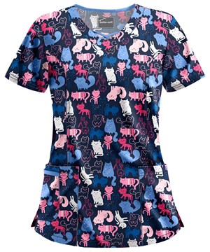 Butter-Soft Whimsical Kittens Navy Women's 3-Pocket Criss Cross Print Scrub Top