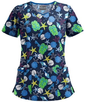 Butter-Soft Walk on the Beach Gecko Women's 3-Pocket Criss Cross Print Scrub Top