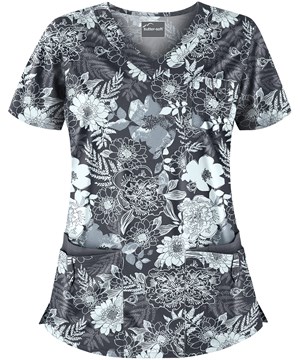 Butter-Soft Arles Floral Pewter Women's 5-Pocket Rounded V-Neck Print Scrub Top