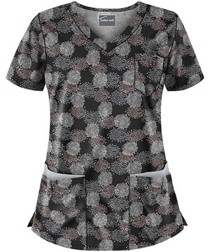 Butter-Soft Burst of Geo Black Printed Women's 5-Pocket Rounded V-Neck Scrub Top