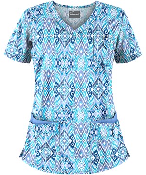 Butter-Soft Cantik Ikat Cloud Blue Women's 5-Pocket Rounded V-Neck Print Scrub Top