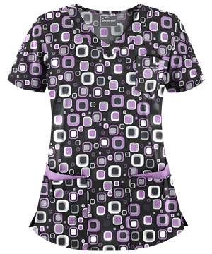 Butter-Soft Funky Geometric Black Printed Women's 5-Pocket Rounded V-Neck Scrub Top