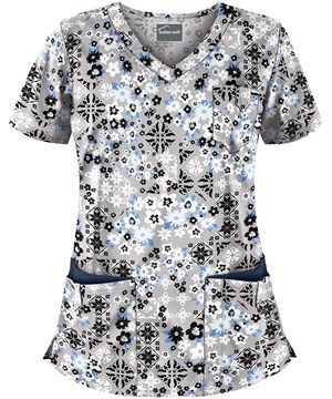 Butter-Soft Mosaic Floral Silver Women's 5-Pocket Rounded V-Neck Print Scrub Top