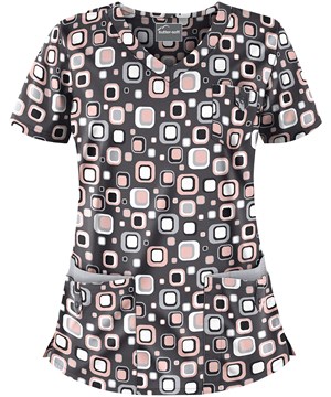 Butter-Soft Funky Geometric Lotus Women's 5-Pocket Rounded V-Neck Print Scrub Top