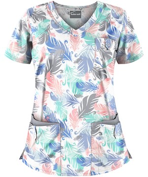 Butter-Soft Feather Breeze White Printed Women's 5-Pocket Rounded V-Neck Scrub Top