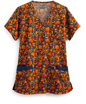 Butter-Soft Harvest Leaves Navy Women's 5-Pocket Rounded V-Neck Print Scrub Top