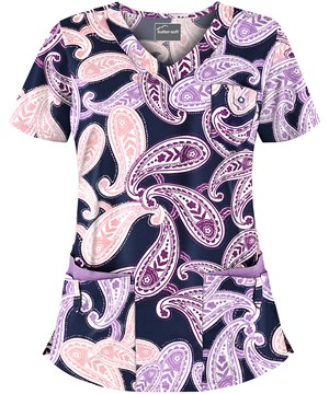 Butter-Soft Milos Paisley Navy Women's 5-Pocket Rounded V-Neck Print Scrub Top