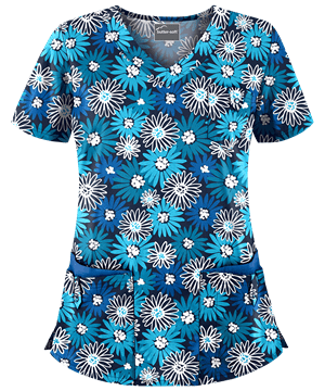Butter-Soft Pop of Daisies Navy Women's 5-Pocket Rounded V-Neck Print Scrub Top