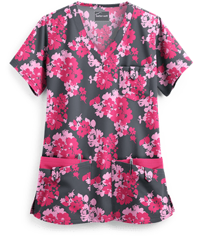 Butter-Soft Floral Homage Pewter Women's 5-Pocket Rounded V-Neck Print Scrub Top