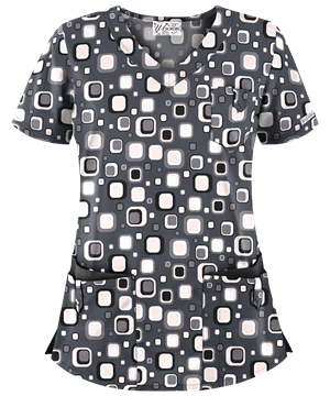 UA Funky Geometric Pewter Women's 5-Pocket Rounded V-Neck Print Scrub Top