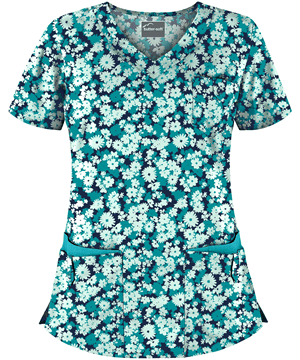 Butter-Soft Provence Floral Navy Women's 5-Pocket Rounded V-Neck Print Scrub Top