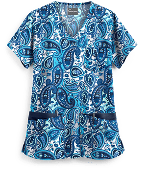 Butter-Soft Paisley Wonder Aqua Moon Women's 5-Pocket Rounded V-Neck Print Scrub Top
