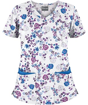 Butter-Soft Romanov Floral White Printed Women's 5-Pocket Rounded V-Neck Scrub Top