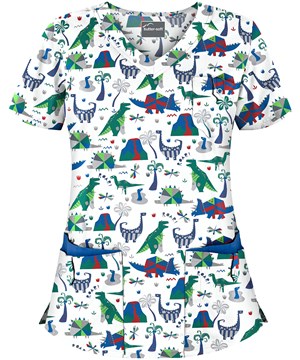 Butter-Soft Dino Mite Silver Women's 5-Pocket Rounded V-Neck Print Scrub Top