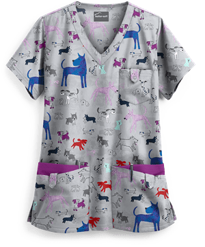 Butter-Soft Watercolor Pups Silver Women's 5-Pocket Rounded V-Neck Print Scrub Top