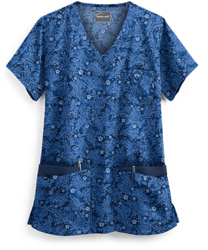 Butter-Soft Tonal Damask Royal Women's 5-Pocket Rounded V-Neck Print Scrub Top