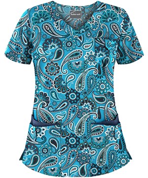 Butter-Soft Passion for Paisley Turquoise Women's 5-Pocket Rounded V-Neck Print Scrub Top