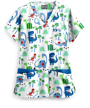 Butter-Soft Dino Friends White Printed Women's 5-Pocket Rounded V-Neck Scrub Top