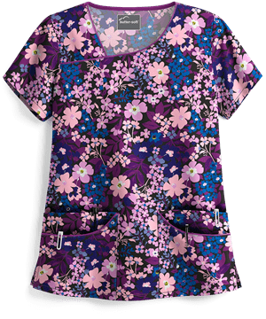 Butter-Soft Blooming Flowers Black Printed Women's 4-Pocket Asymmetrical Neck Scrub Top