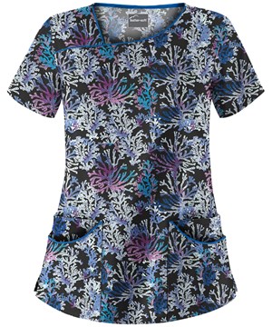 UA Coral Reef Black Printed Women's 4-Pocket Asymmetrical Neck Scrub Top