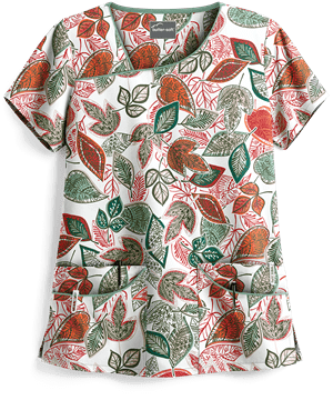 Butter-Soft Filigree Leaves Juniper Breeze Women's 4-Pocket Asymmetrical Print Scrub Top