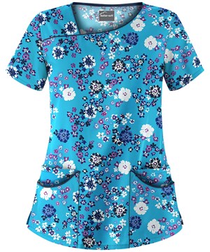 UA Romanov Floral Turquoise Women's 4-Pocket Asymmetrical Neck Print Scrub Top