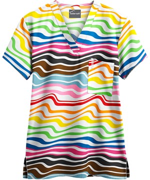UA Butter-Soft Wavy Stripe White Printed Unisex 1-Pocket V-Neck Scrub Top