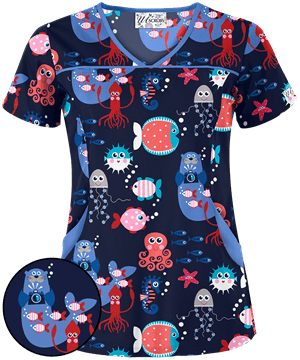 UA Sea Paparazzi Dove 4 Pocket Print Scrub Top