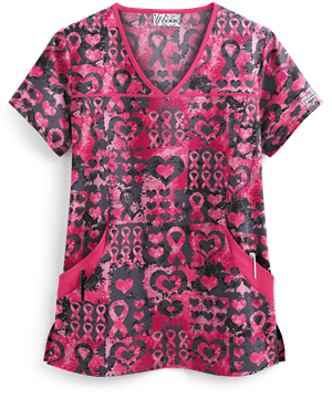 UA Best Buy Scrubs Pink Ribbon Passion Granite Women's 4-Pocket Princess Seam Print Top