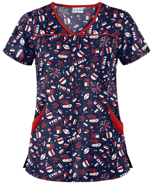 UA Best Buy Scrubs Party in the USA Navy Women's 4-Pocket Princess Seam Print Top