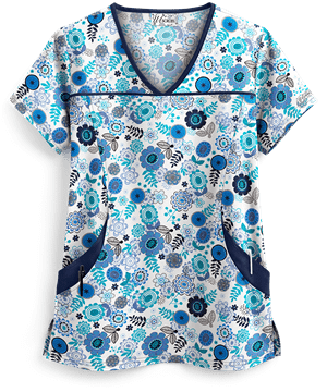 UA Whimsical Floral White Printed Women's 4-Pocket Princess Seam Scrub Top