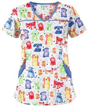 UA Playful Doggies White Printed Women's 4-Pocket Princess Seam Scrub Top
