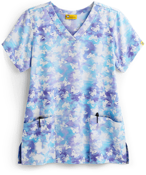 WonderWink Moody Blue Butterfly Women's 2-Pocket V-Neck Print Scrub Top